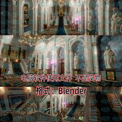 Blender欧式室内楼梯走廊3D场景欧美吊灯雕像大理石建筑模型素材