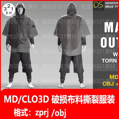 md服装模型 街头嘻哈风男士帽衫破洞服饰打版片源文件 clo3d素材