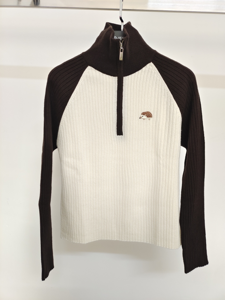 纯山羊绒高领半拉链女士刺猬图休闲时尚减龄针织衫毛衣