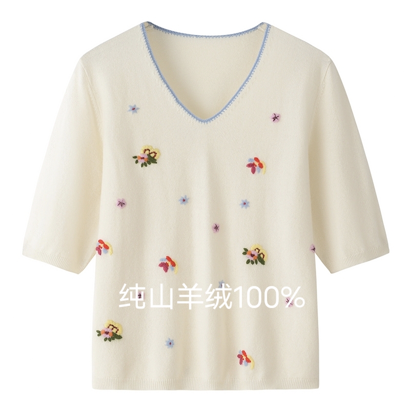 女士绣花鄂尔多斯市产圆领羊绒衫专柜同款两件套毛衣开衫半袖套装