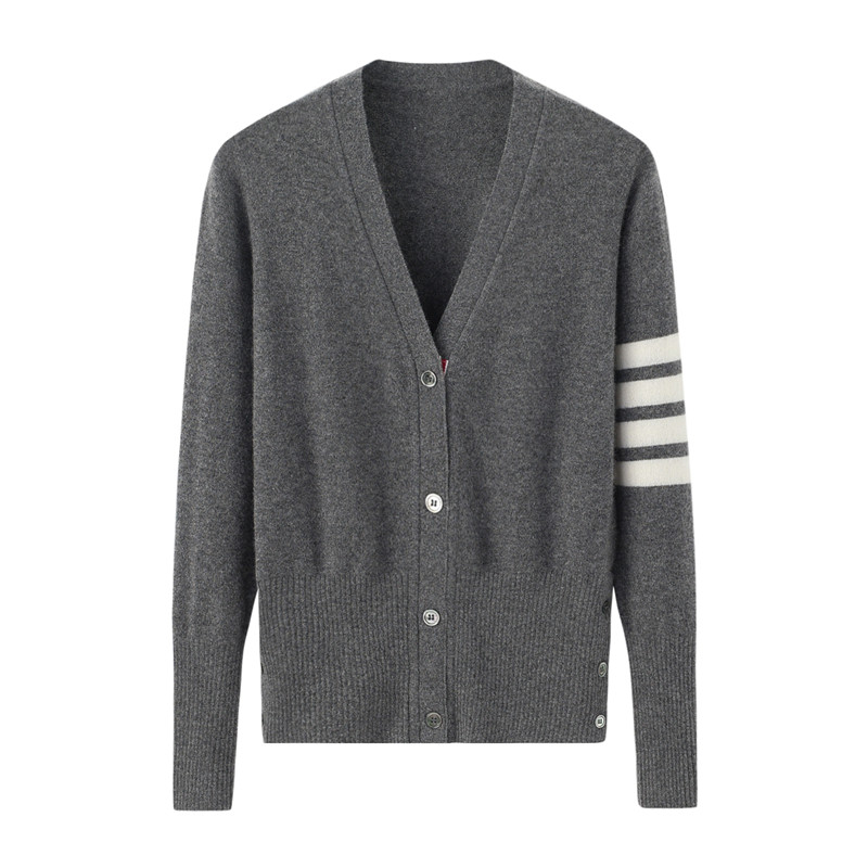 出口外单秋冬款纯羊绒女V领开衫休闲学院风条纹针织羊绒外套