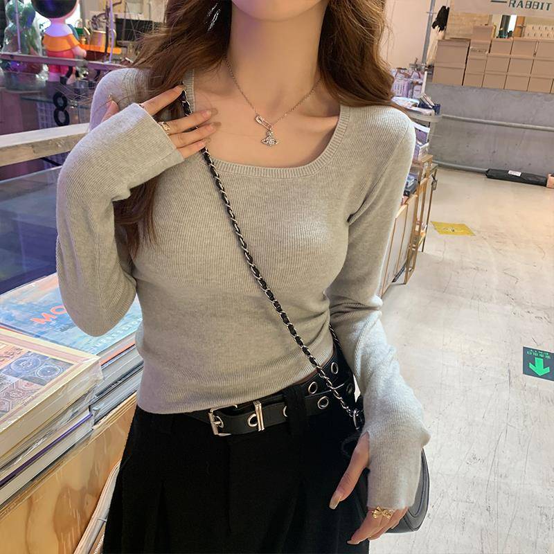 方领打底衫女2024春秋新款上衣高级感灰色毛衣修身针织衫内搭秋冬