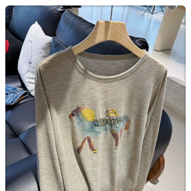 水墨小马立体串珠重工刺绣高品质天丝棉长袖t恤打底衫tee
