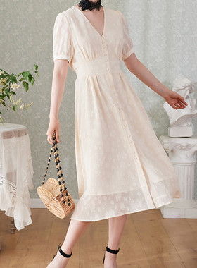 特价 白色法式v领连衣裙女2020新款气质女神范温柔风长裙子夏季