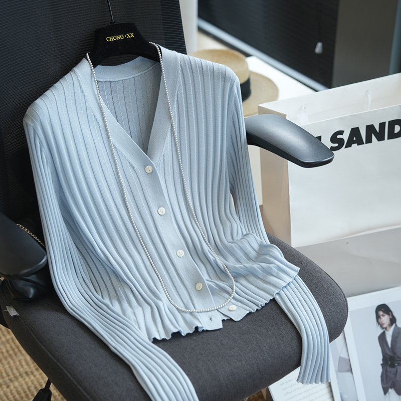 真丝+天丝V领纯色显瘦针织开衫女士打底衫内搭春夏964H