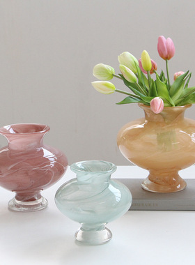 复古法式奶白色高脚手工玻璃花瓶蝴蝶兰花水养花民宿客厅家居摆件