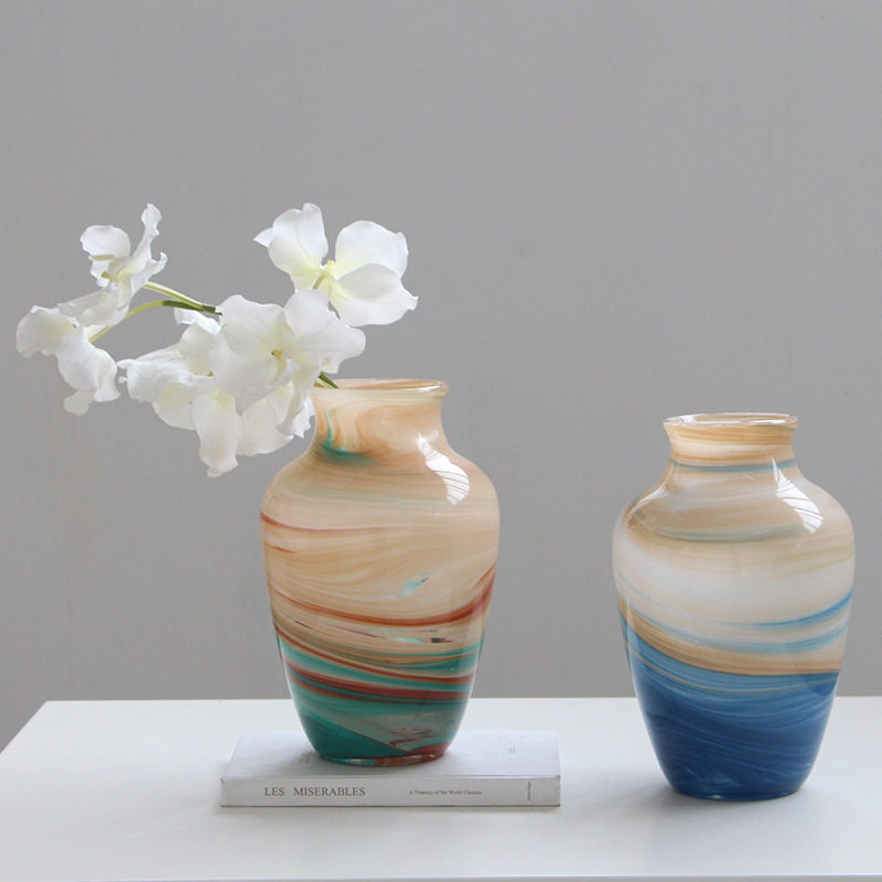 现代新品彩色渐变玻璃花瓶水培家居装饰客厅桌面琉璃中古摆件花器