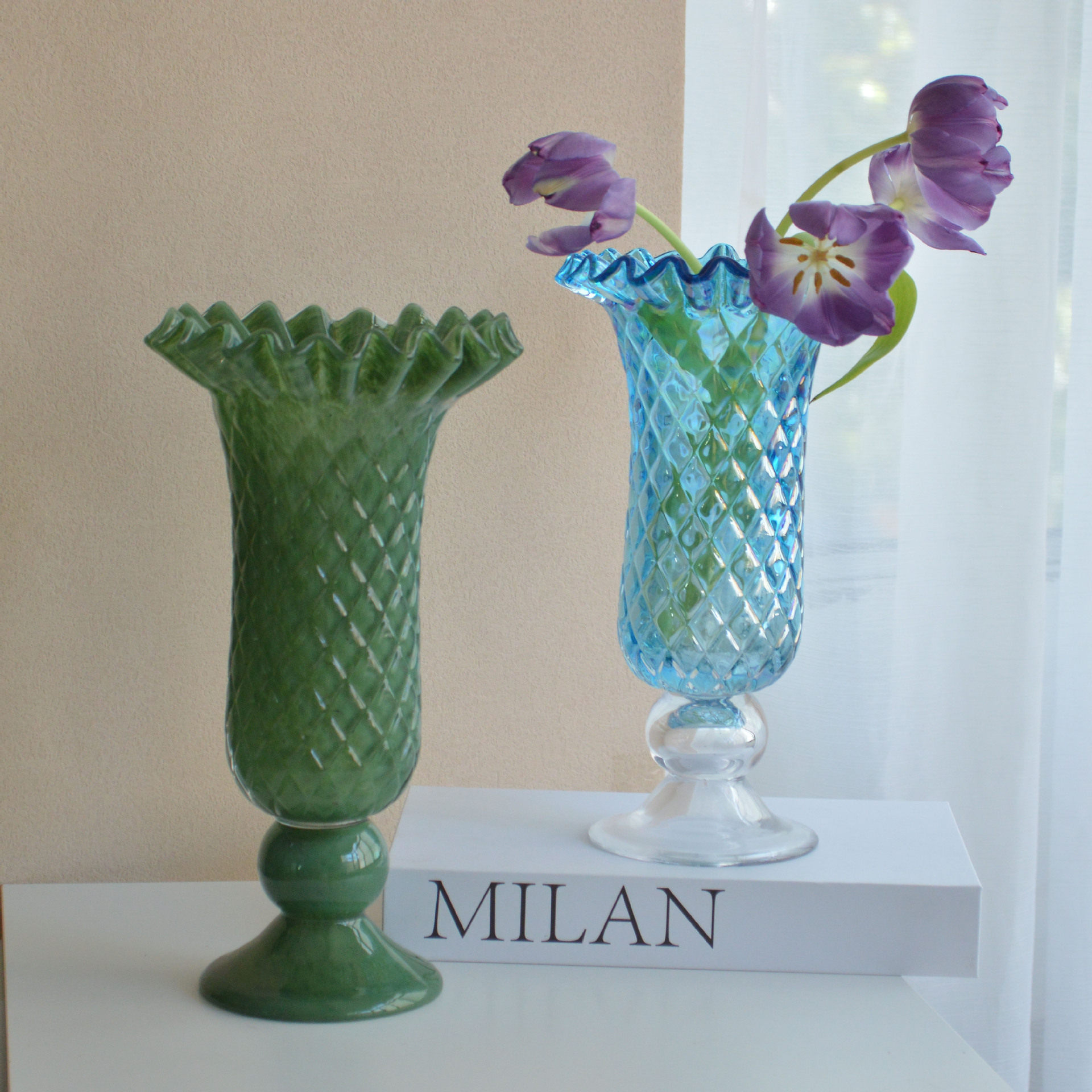 复古蓝菱格玻璃花瓶法式水培插花鲜花家居装饰摆件新年圣诞摆件