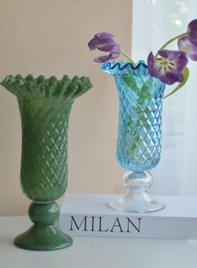 复古蓝菱格玻璃花瓶法式水培插花鲜花家居装饰摆件新年圣诞摆件