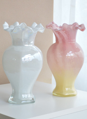 复古珠光炫彩手工六角中古芬顿玻璃花瓶鱼尾花器家居摆件花器