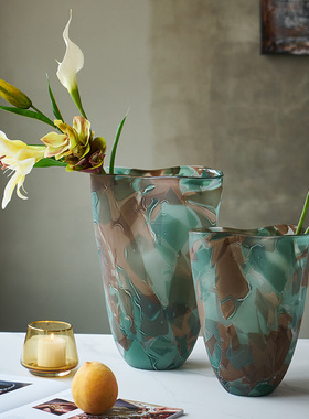 北欧风彩色渐变花纹敞口花盆创意居家果盘台面样板房装饰玻璃花瓶