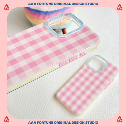AAA FORTUNE原创撞色粉格纹 按键也是粉格纹!手机壳亮面大孔适用于苹果iPhone17ProMax/15Pro/14Pro/16Pro/16