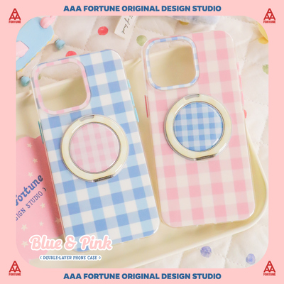 iPhone16pro粉蓝格纹支点手机壳