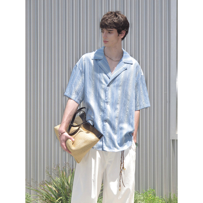 Kernhafen 夏日休闲复古天丝短袖衬衫设计感小众条纹衬衣