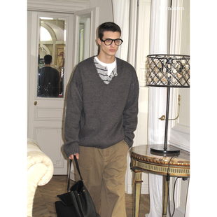 两色V领毛衣 慵懒感 kernhafen柯恩哈芬 灰色是不想说