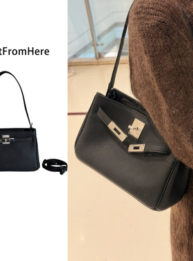 2025新款凯莉包女真皮锁扣单肩斜挎包通勤高级感黑色手提腋下包