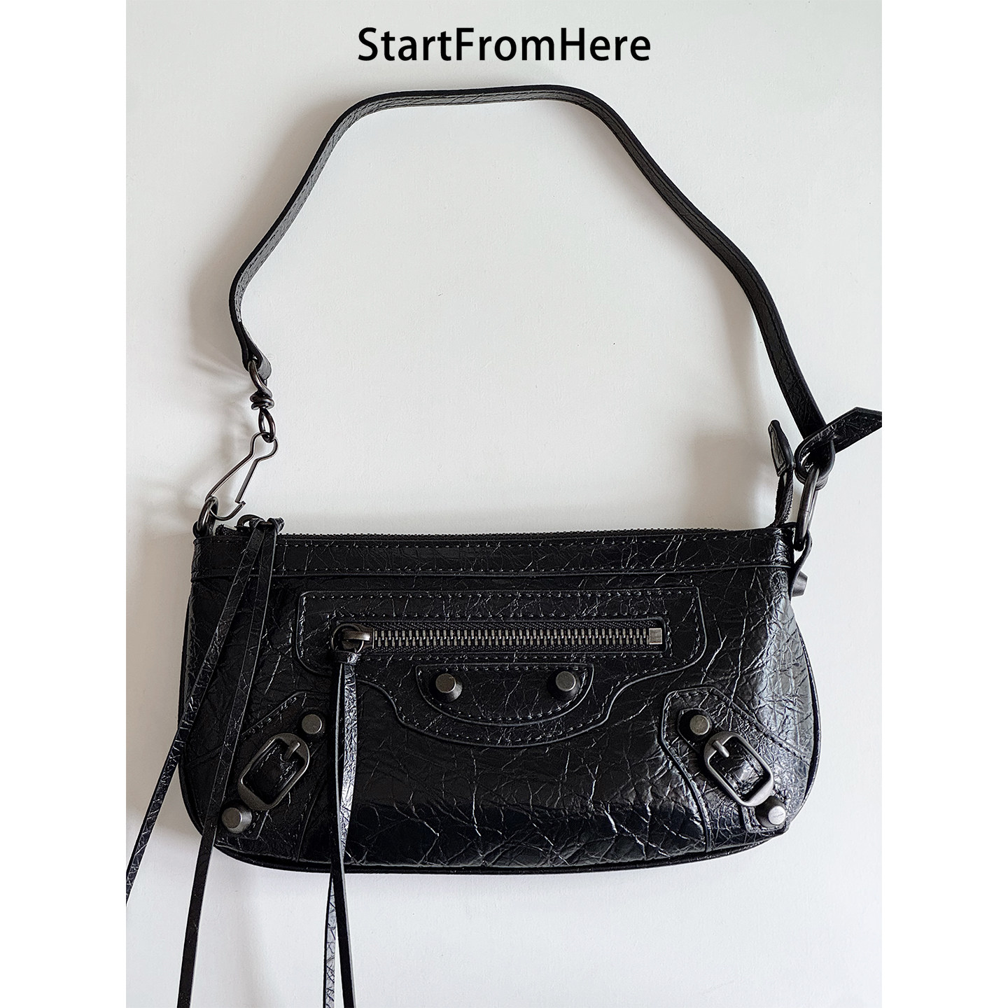 StartFromHere｜新款机车腋下包 黑色油腊皮麻将包时髦斜挎小包女