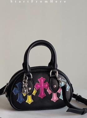 富察老王同款彩色十字架保龄球包 小众头层牛皮手提斜挎贝壳包女