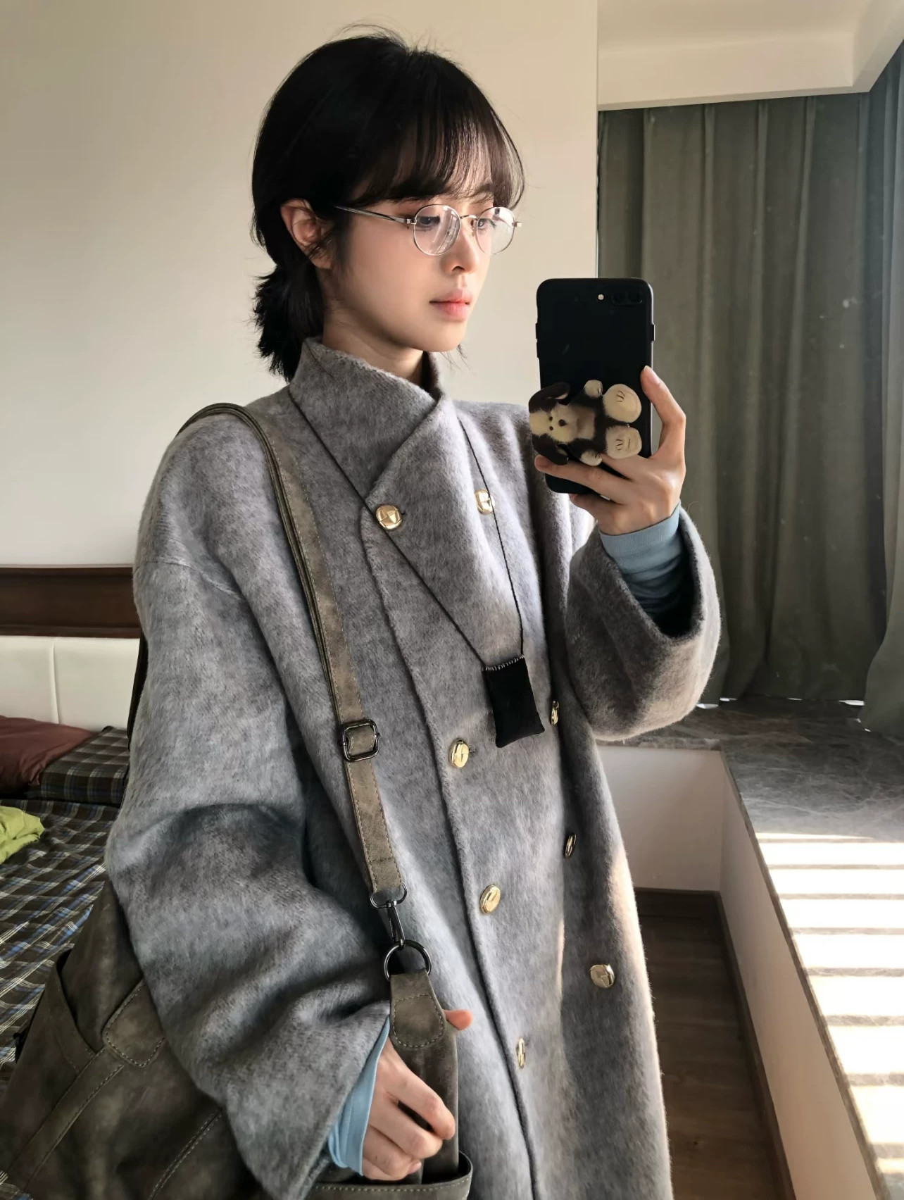 灰色双面羊绒大衣女2025年秋冬新款高支羊毛中长款小个子立领外套