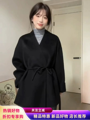 黑色宽松双面羊绒大衣女2025年秋冬新款短款系带高支羊毛半身收腰