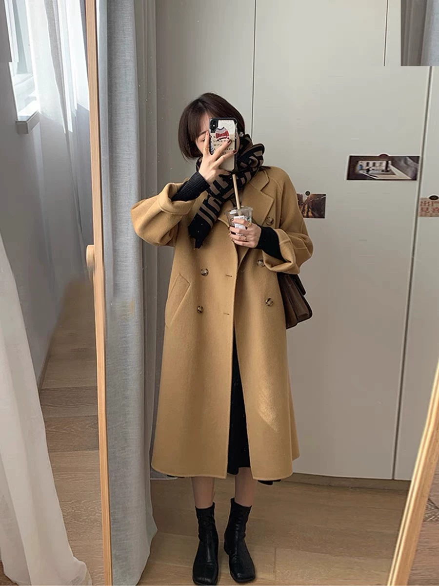 驼色双面羊绒大衣女中长款2025年秋冬新款赫本风小个子羊毛呢外套