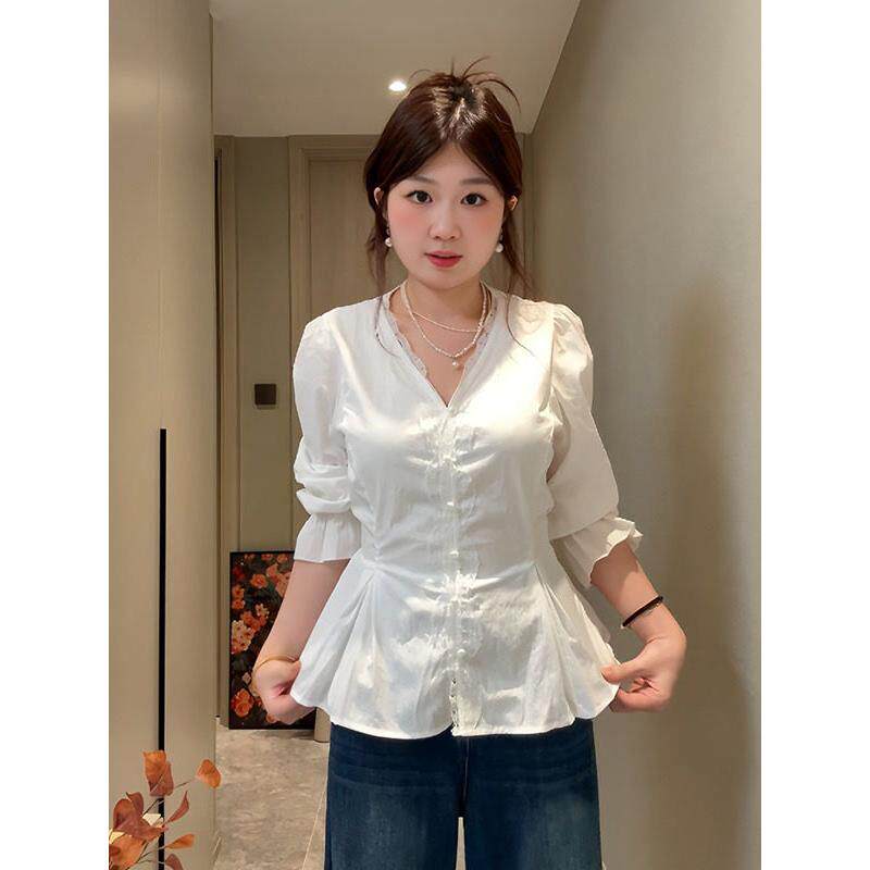 大码法式气质蕾丝拼接v领长袖衬衫女秋季胖mm掐腰巨显瘦白色上衣