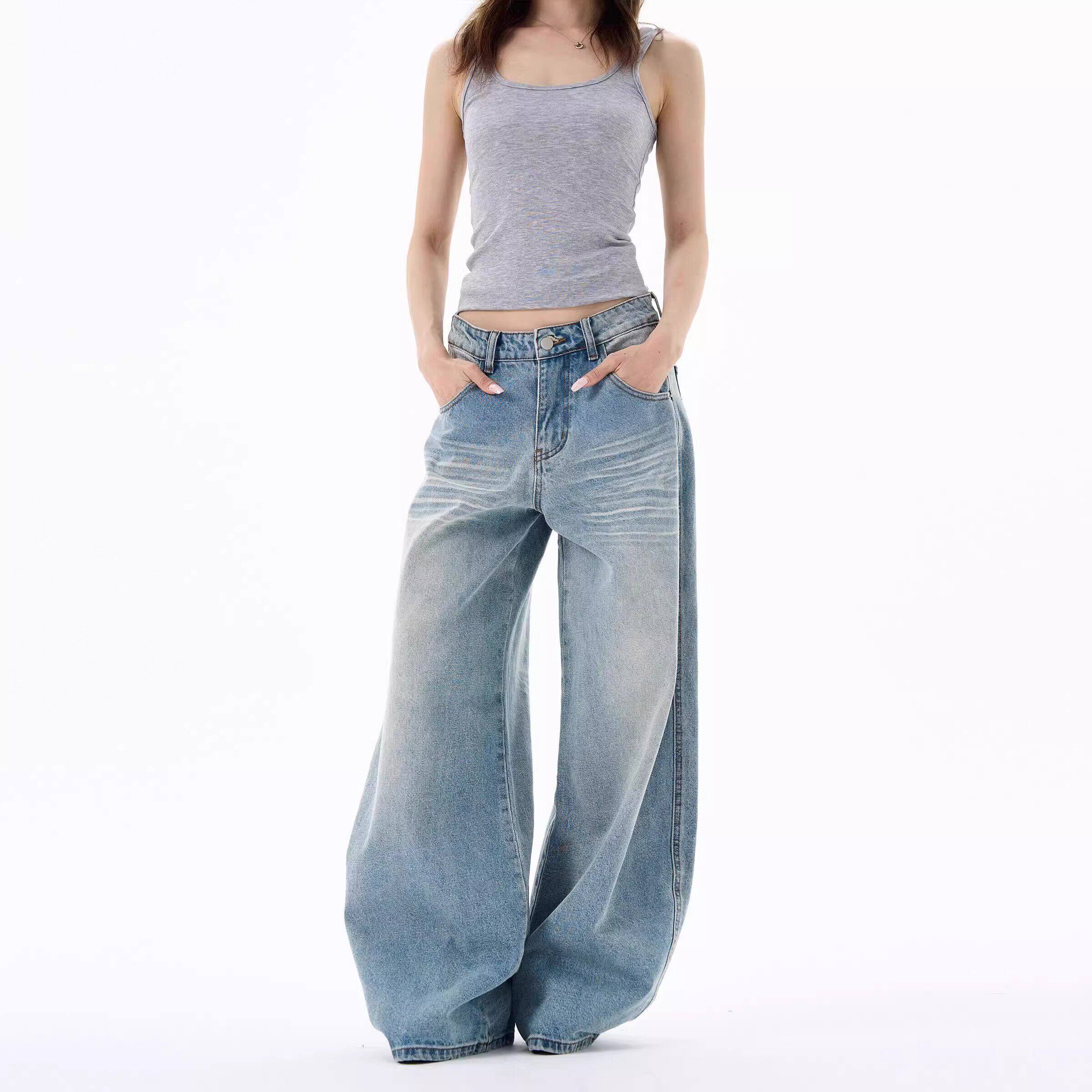 大码女装胖mm美式弯刀牛仔裤女款爆款2026新款宽松显瘦阔腿长裤子