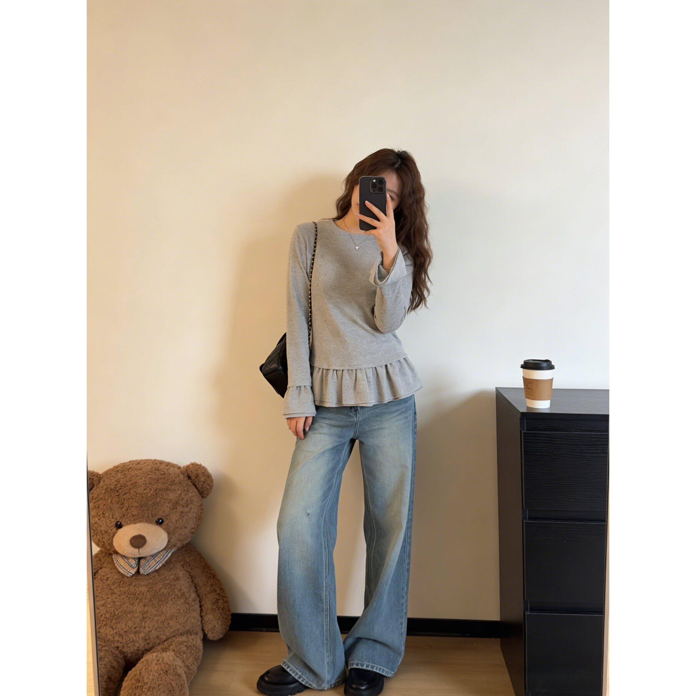 胖MM韩版拼接木耳边灰色打底衫女大码春季巨好看遮肉显瘦减龄上衣