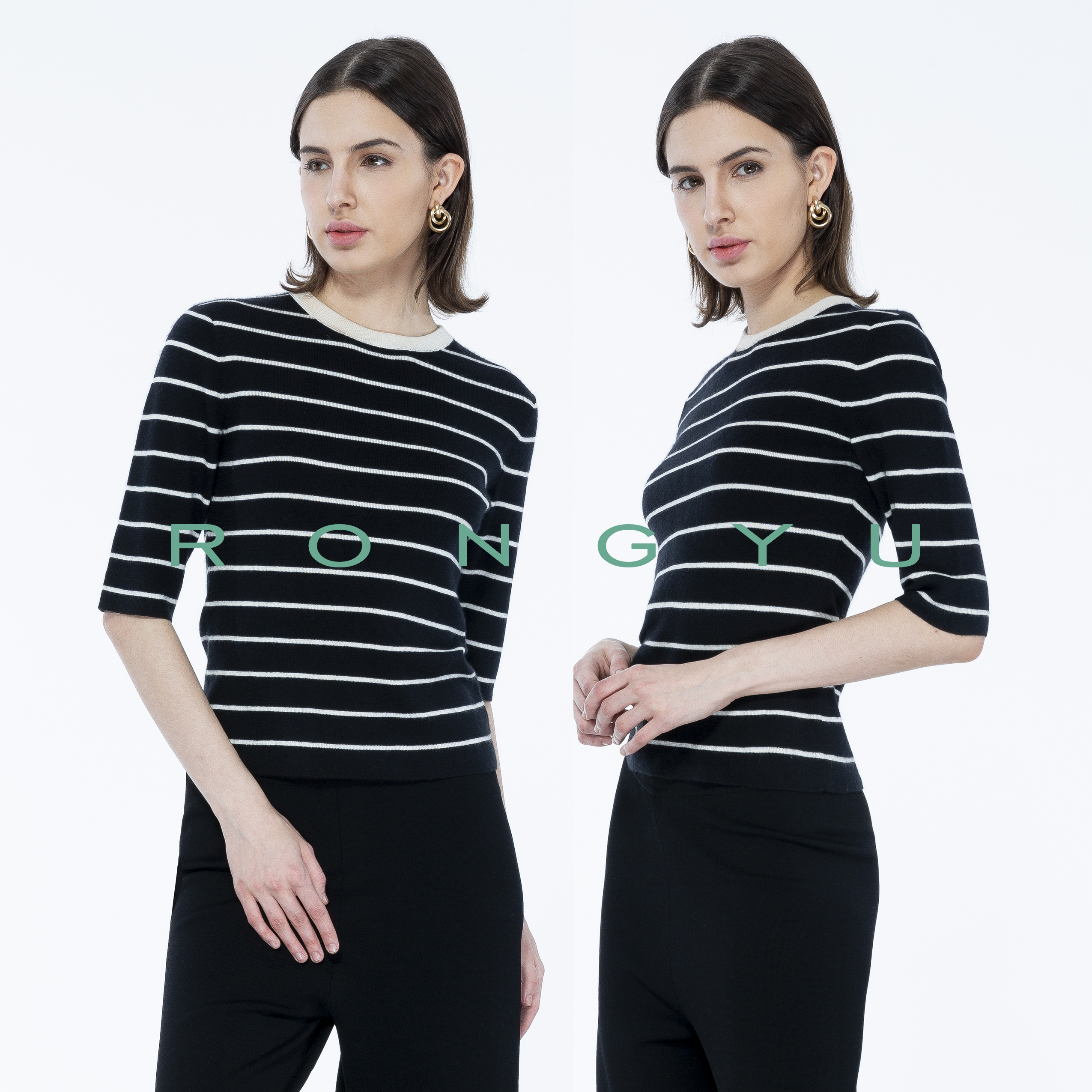 羊绒桑蚕丝中袖条纹针织衫