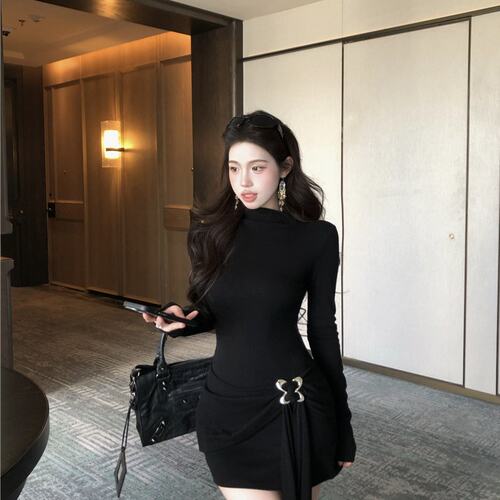 实拍实价春夏内搭短裙御姐辣妹长袖收腰裙半高领黑色包臀连衣裙