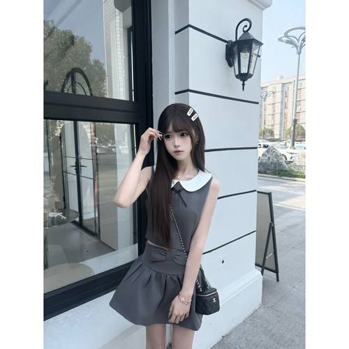 miu系千金风穿搭一整套初夏绝美套装蝴蝶结无袖上衣短裙子两件套