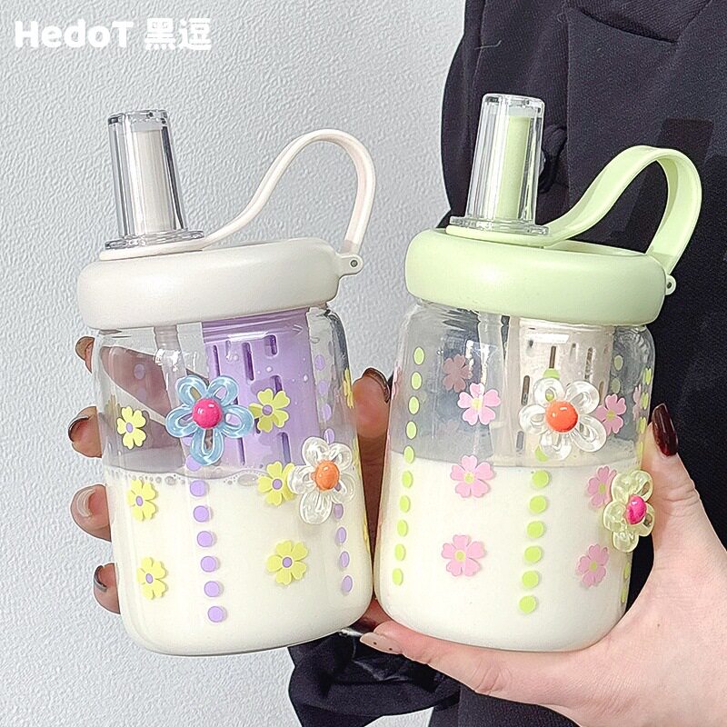 小花水杯玻璃杯新款夏天女生高颜值小众吸管杯带茶隔滤网便携杯子