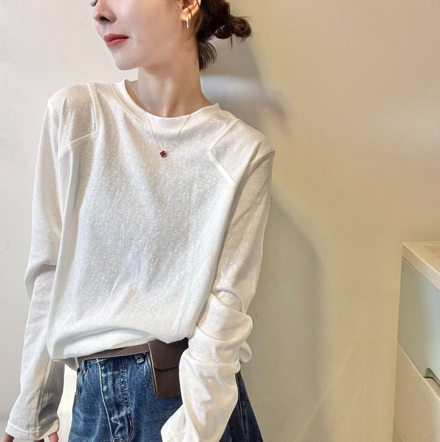 白色内搭纯棉长袖T恤女重磅宽松打底衫上衣2025新款今年流行爆款