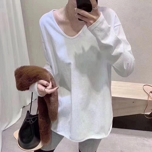 白色长袖T恤女2026春秋季新款韩版V领中长款内搭打底衫上衣小衫潮