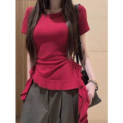 红色短袖t恤女正肩夏季显瘦设计感小众修身独特漂亮短款上衣韩系