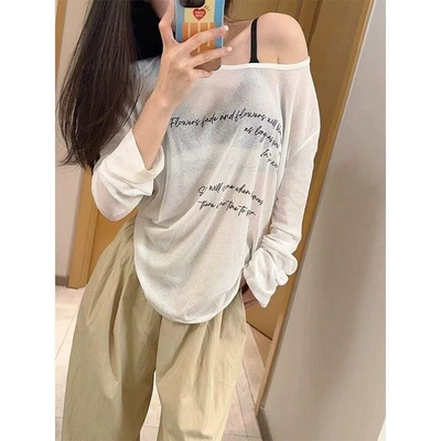 白色长袖防晒罩衫女2025新款爆款夏季大领口甜辣妹透气薄款小上衣