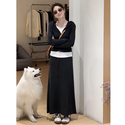 黑色连帽假两件长袖t恤女2025春秋季新款上衣修身显瘦穿搭打底衫