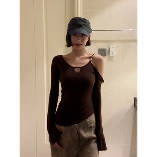 美式镂空性格长袖T恤女2025秋季纯欲气质修身显瘦短款上衣打底衫