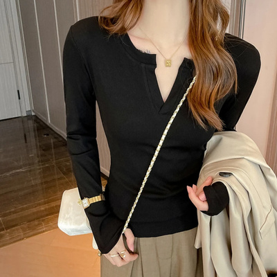 V领长袖打底衫女士可外穿2025秋冬季高级设计感内搭正肩t恤春上衣
