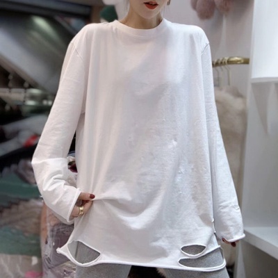 白色破洞T恤女宽松打底衫