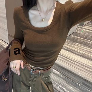 加厚德绒长袖t恤女U领加绒打底衫女秋冬内搭可外穿高级感修身上衣