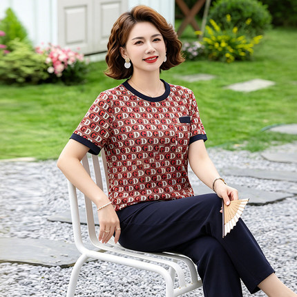 夏季新款时尚妈妈圆领套装上衣裤优雅中老年女士碎花套头短袖小衫
