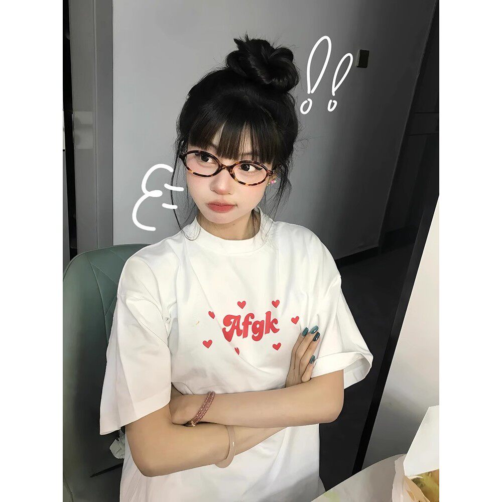 马思唯同款短袖情人节爱心散落告白标语印花T恤男女国潮夏季体恤