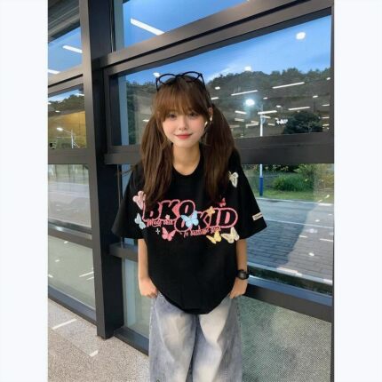 美式复古字母蝴蝶印花纯棉圆领短袖T恤女大码宽松显瘦百搭上衣