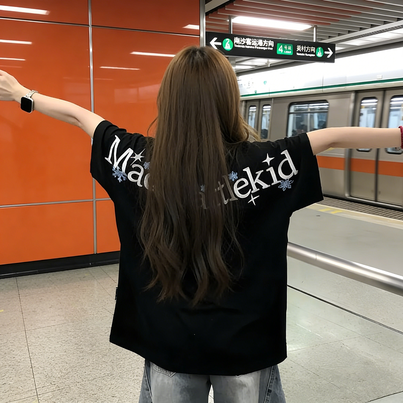 美式雪花字母刺绣短袖t恤女大童2026年新款初中高中学生宽松上衣