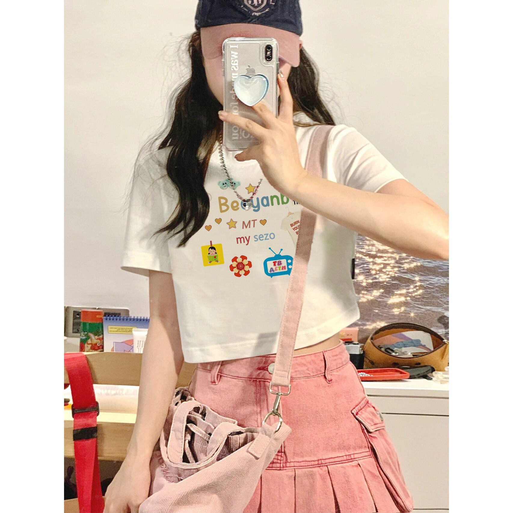 白色高腰短版t恤女上衣修身显瘦2026新款夏季正肩短袖T恤打底ins