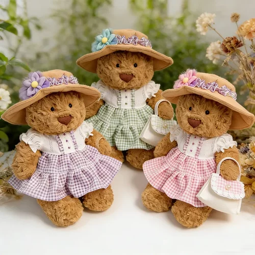 仅娃衣】28cm巴塞罗熊衣服清新夏日格纹提包裙遮阳帽套装着替