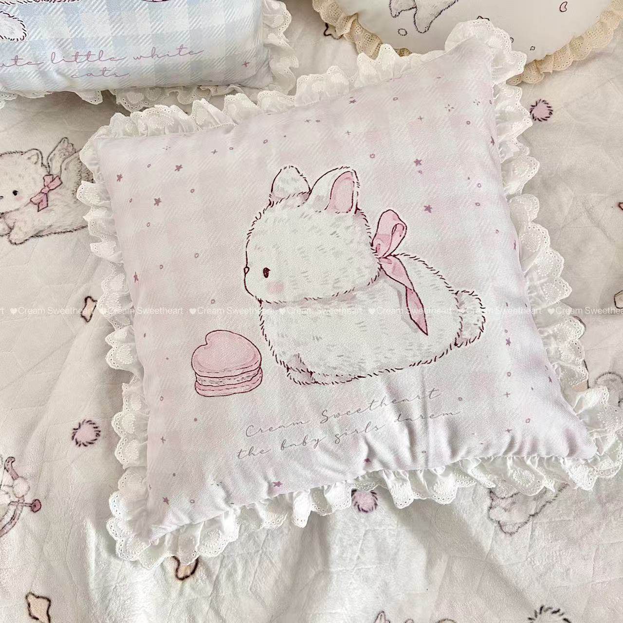 thumbnail for Cream Sweetheart Original Little Rabbit Cat Pillow Cushion Cute Dormitory Bedroom Removable Double-Sided Lace Gift