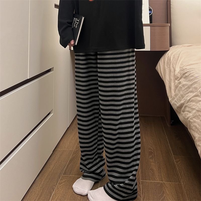 秋冬新款80-300斤内穿百搭宽松睡裤秋冬保暖直筒条纹德绒裤可外穿
