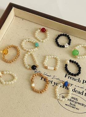 彩色水晶串珠戒指ins小众设计感高级手指戒轻奢气质百搭指环配饰